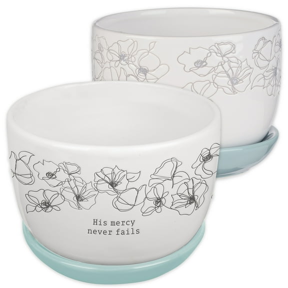 Christian Art Gifts White Ceramic Table Top Bible Verse Planter Pot w/Saucer Tray for Women: His Mercy Never Fails - Cute Indoor/Outdoor Floral w/Drainage Hole for Plants, Home & Flowers, White/Blue