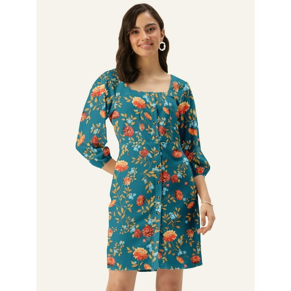 DressBerry Women's Printed Poly Crepe Dress Casual Summer Long Puffed Sleeves Above Knee Length High Waist Square Neck Buttoned Front Western Style Light Weighted Straight Cut Short Dress