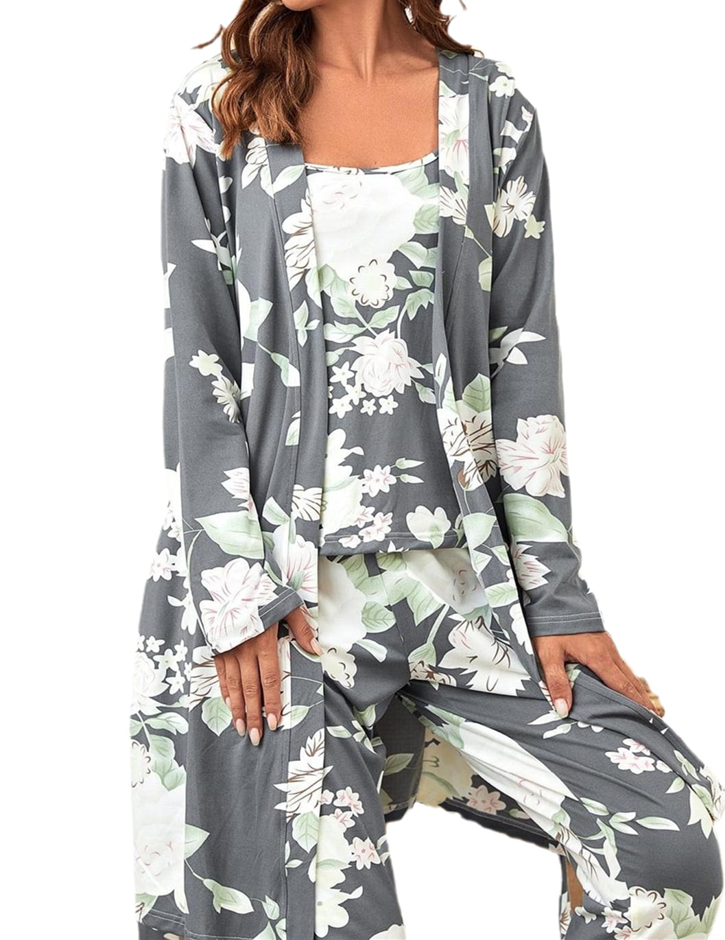 Women's Pajamas Set 3pcs Floral Lounge Sets Print Belted Robe Set
