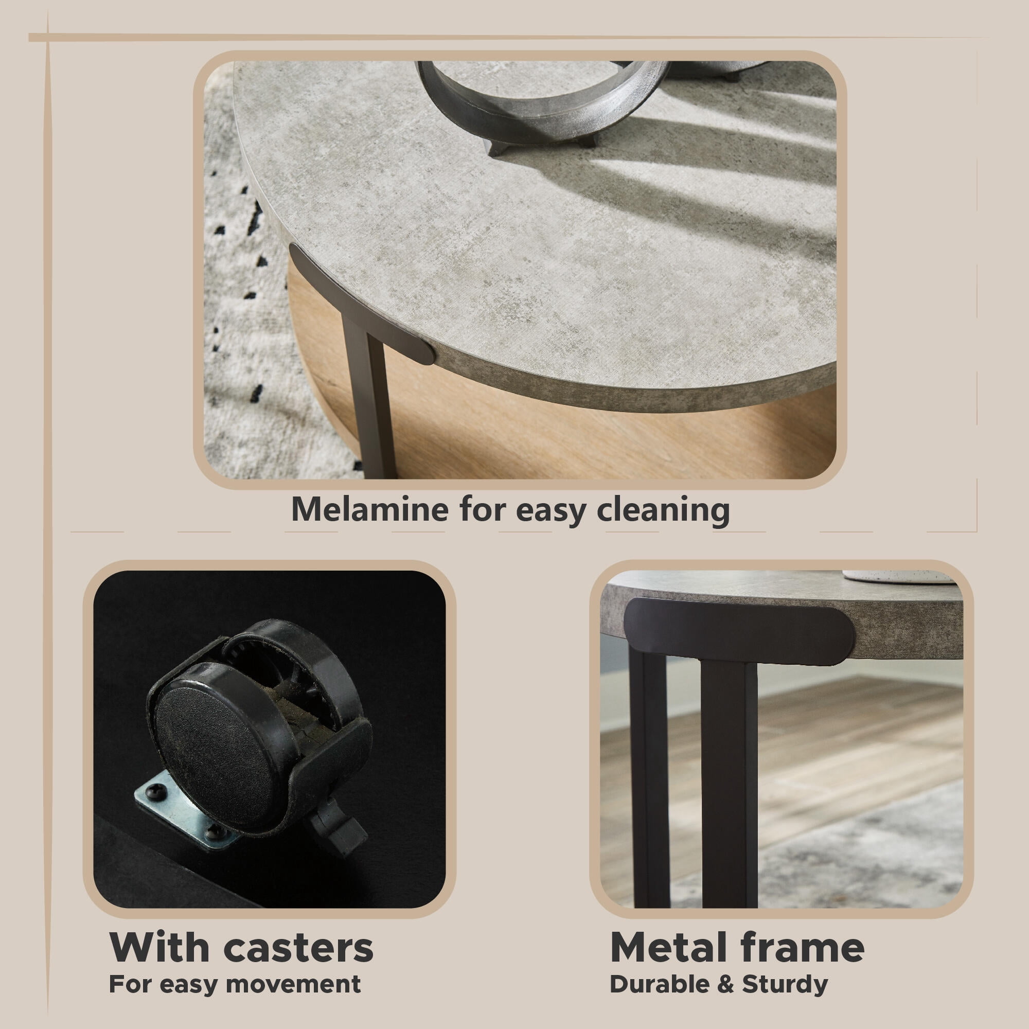 Signature Design by Ashley Darthurst 3-Piece Modern Round Coffee Table Set, Light Brown with Faux Cement Top