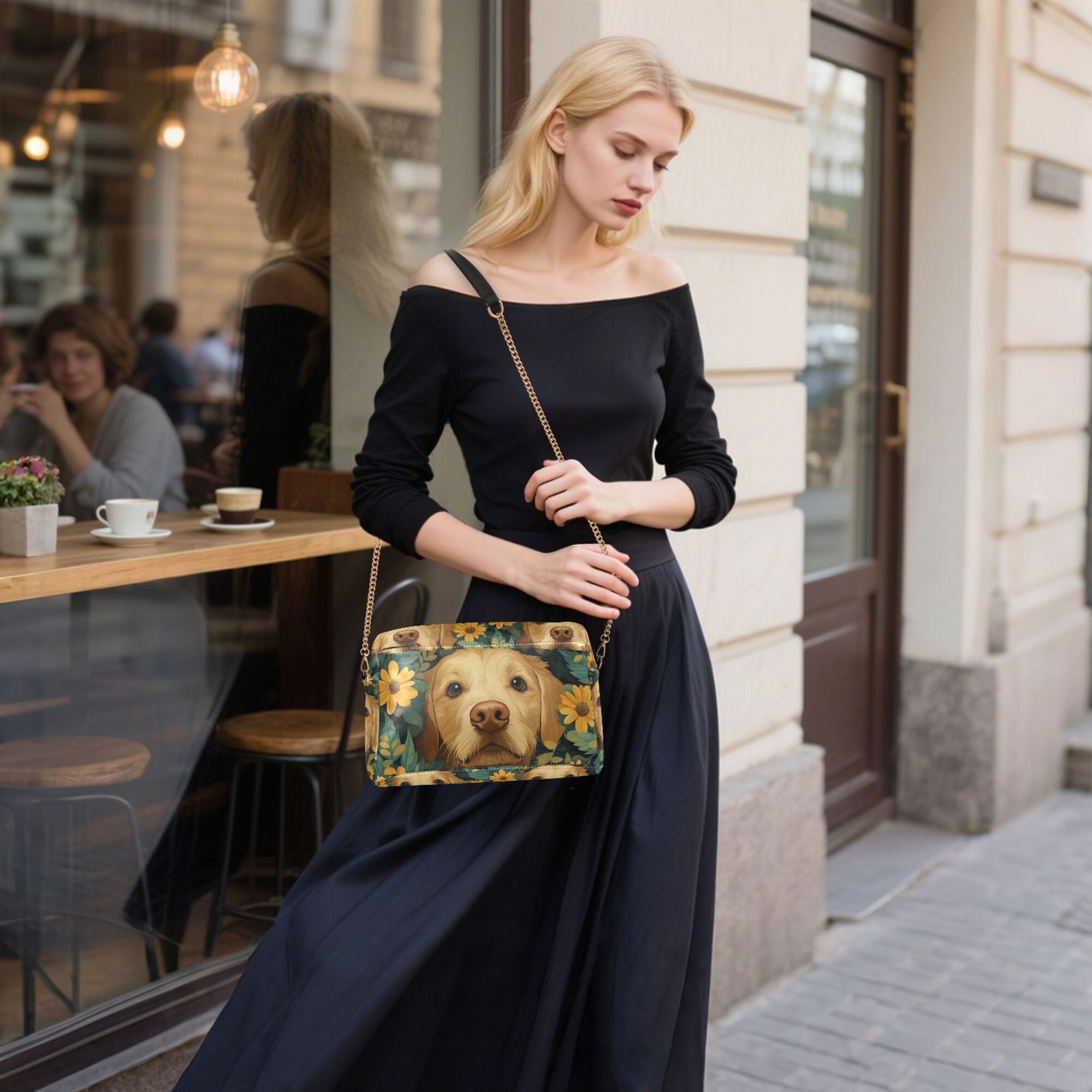 FORMRS Women Crossbody Purse with Chain Strap Vegan Leather Shoulder Handbag, Flowers and Dog