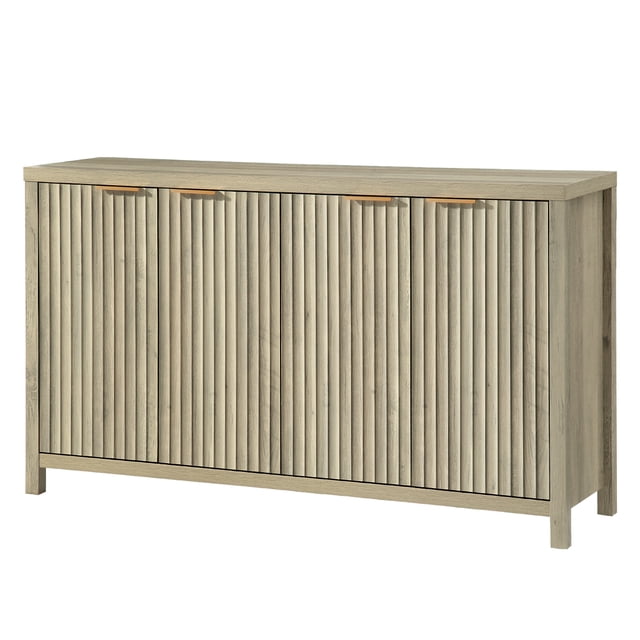 OAKHAM Buffet Bahut Cannelé avec 4 Portes, Crédence de Rangement avec Tablettes Ajustables, Console d'Appoint Moderne, Chêne Frêne Lavé au Soleil