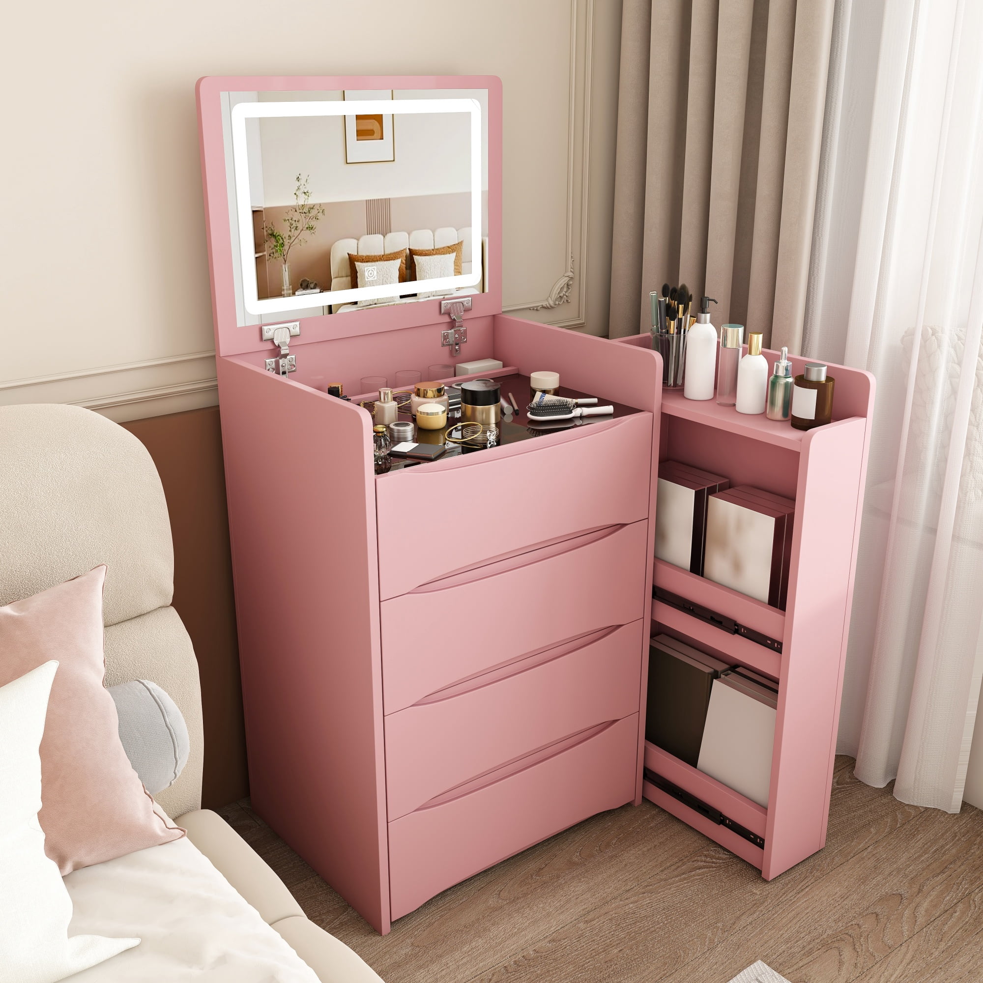 3-in-1 Flip Mirror Vanity Desk with Lights & Storage, Makeup Dressing Table with Adjustable LED, Side Sliding Tray and Stool, Space-Saving Furniture for Bedroom(Pink)
