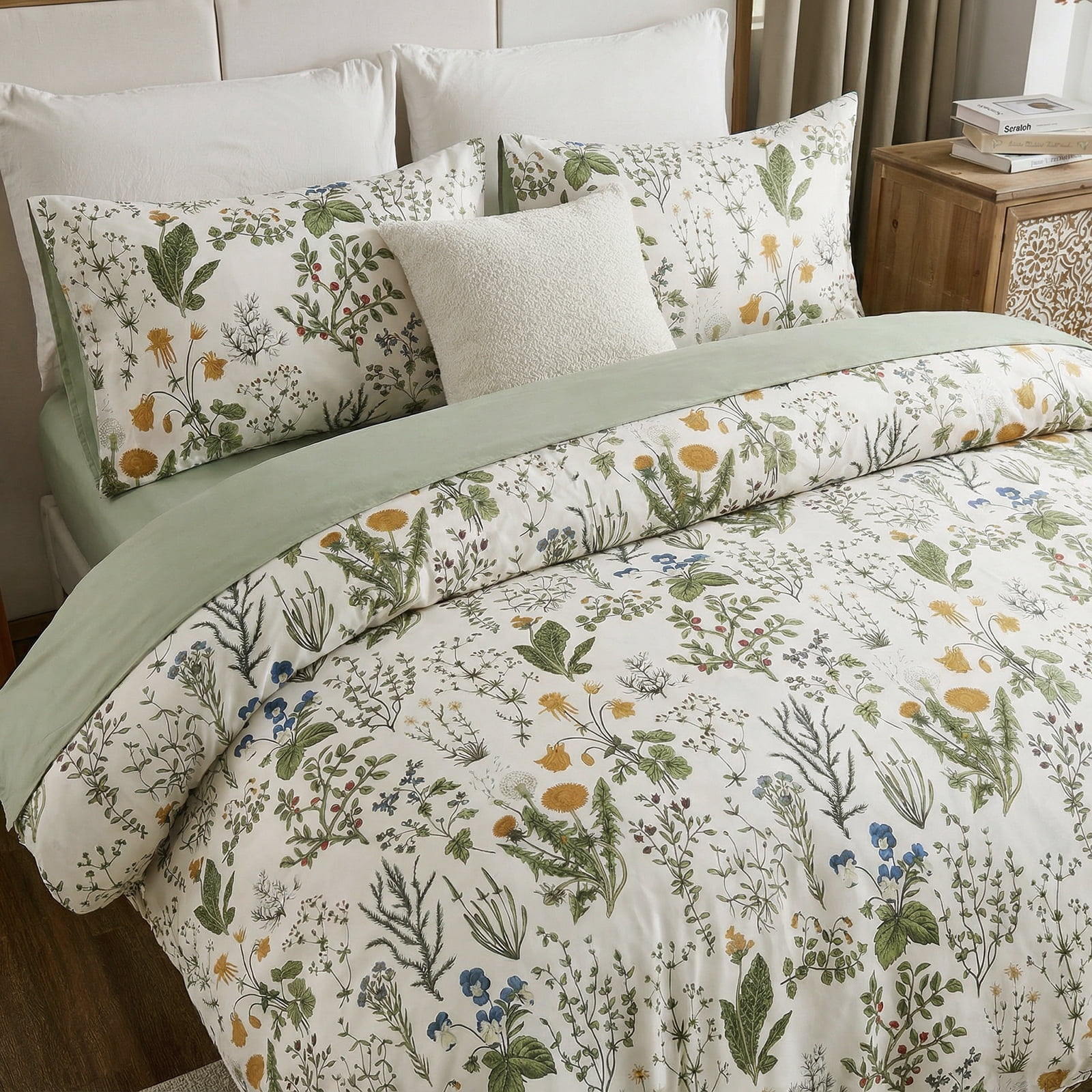 Move Over Green Floral Duvet Cover Set Queen 100% Cotton Floral Bedding Set 3 Pieces Soft and Breathable Vintage Style Green Floral Comforter Cover Set for All Seasons