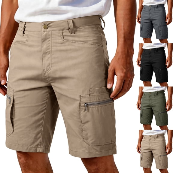 Zimjoy Men's Quick Dry Multi Zipper Pocket Cargo Shorts Regular Fit Knee Length Outdoor Hiking Fishing Utility Work Shorts Khaki L