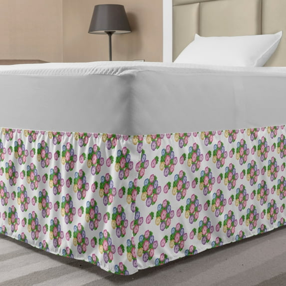 Geraniums Bed Skirt, Modern Retro Image of Repeating Colorful Flowers with Leaves from Summer, Elastic Bedskirt Dust Ruffle Wrap Around for Bedding Decor, 4 Sizes, White Multicolor, by Ambesonne