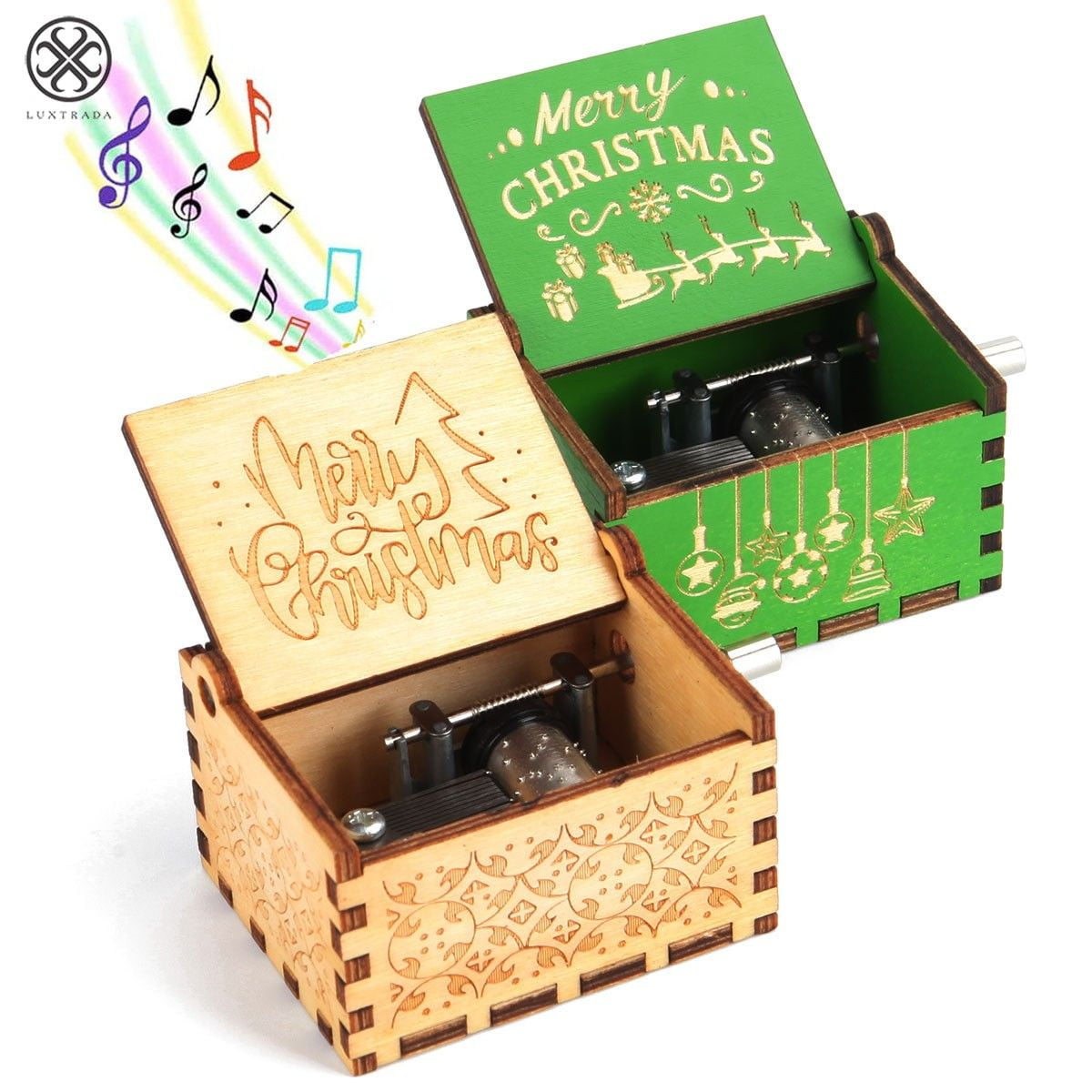 MEETOZ Merry Christmas Music Box To Wooden Music Boxes for Kids/Wife/Son/Daughter/Dad/Mom/Girlfriend on Xmas Hand Crank Wood Family Music Box Green