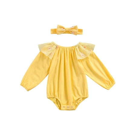 

Sunisery Newborn Infant Baby Girls Romper Long Sleeve Floral Printed Bodysuit with Headband Clothes Yellow 3-6 Months