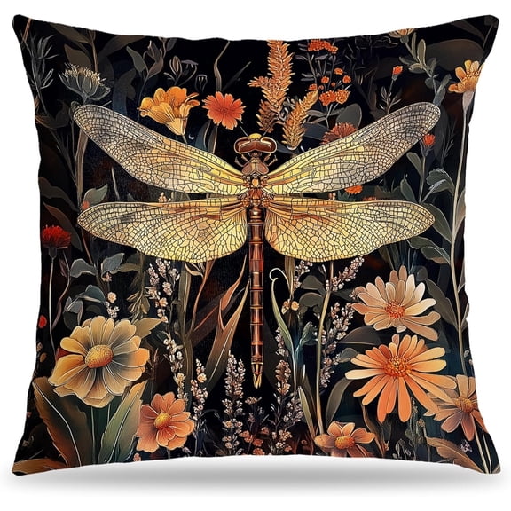Set of 2 Dragonfly Wildflower Throw Pillow Cover, 18x18 Outdoor Decorative Pillow Case for Couch Home Decor