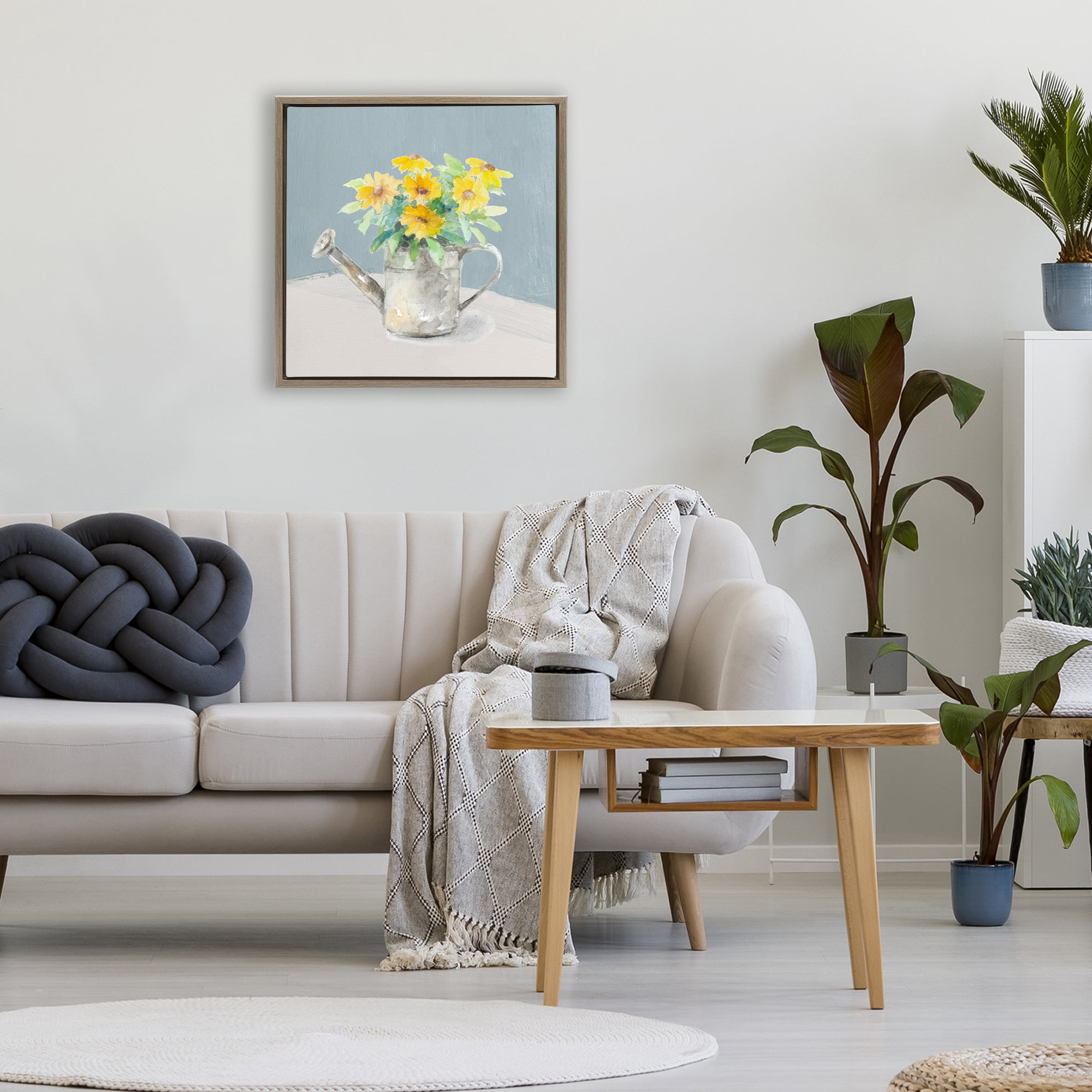 Stupell Industries Daisies in Watering Can Brown Framed Floater Canvas Wall Art, design by Lanie Loreth