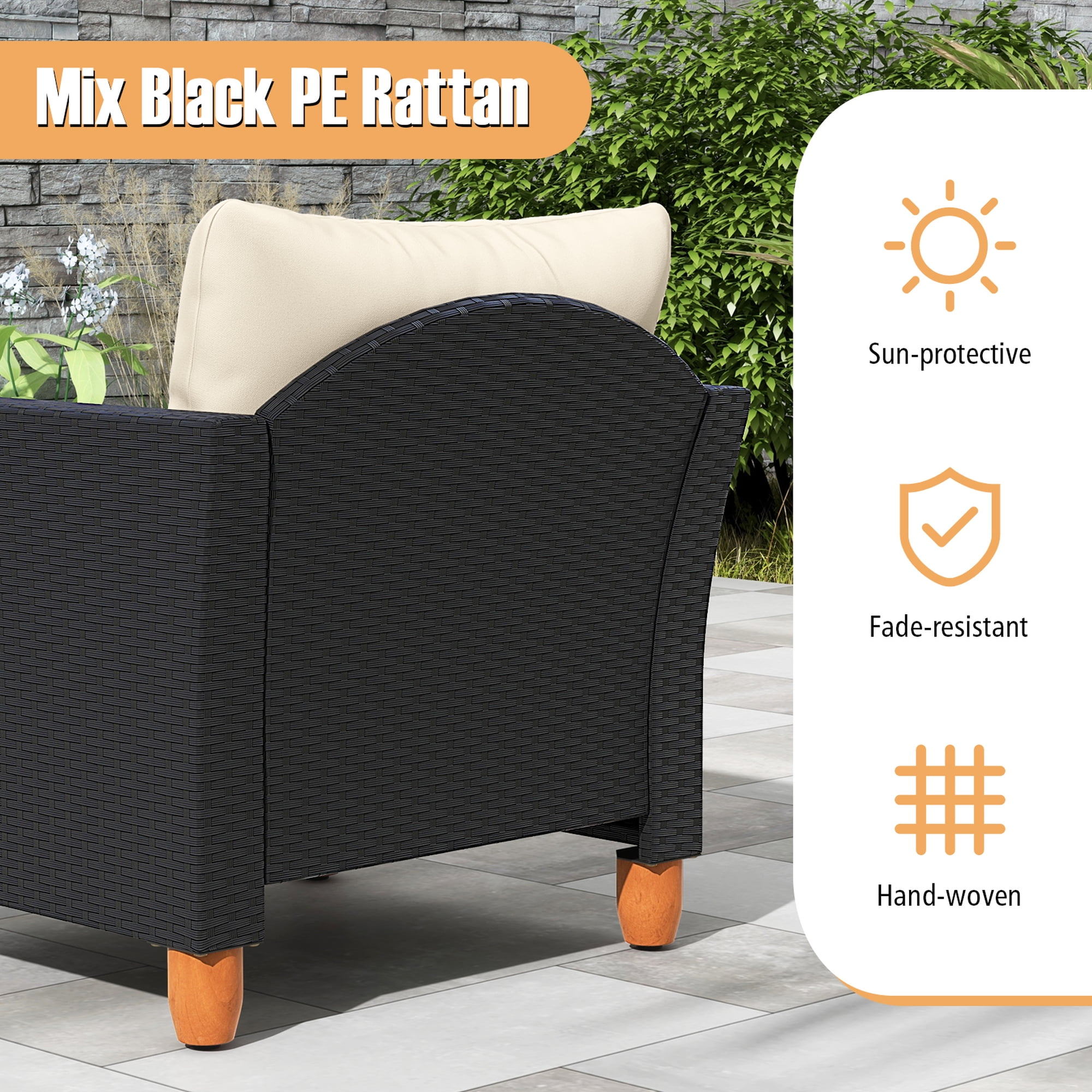 Costway 3PCS Outdoor Patio Rattan Furniture Set Wooden Table Top Cushioned Sofa White Cushion