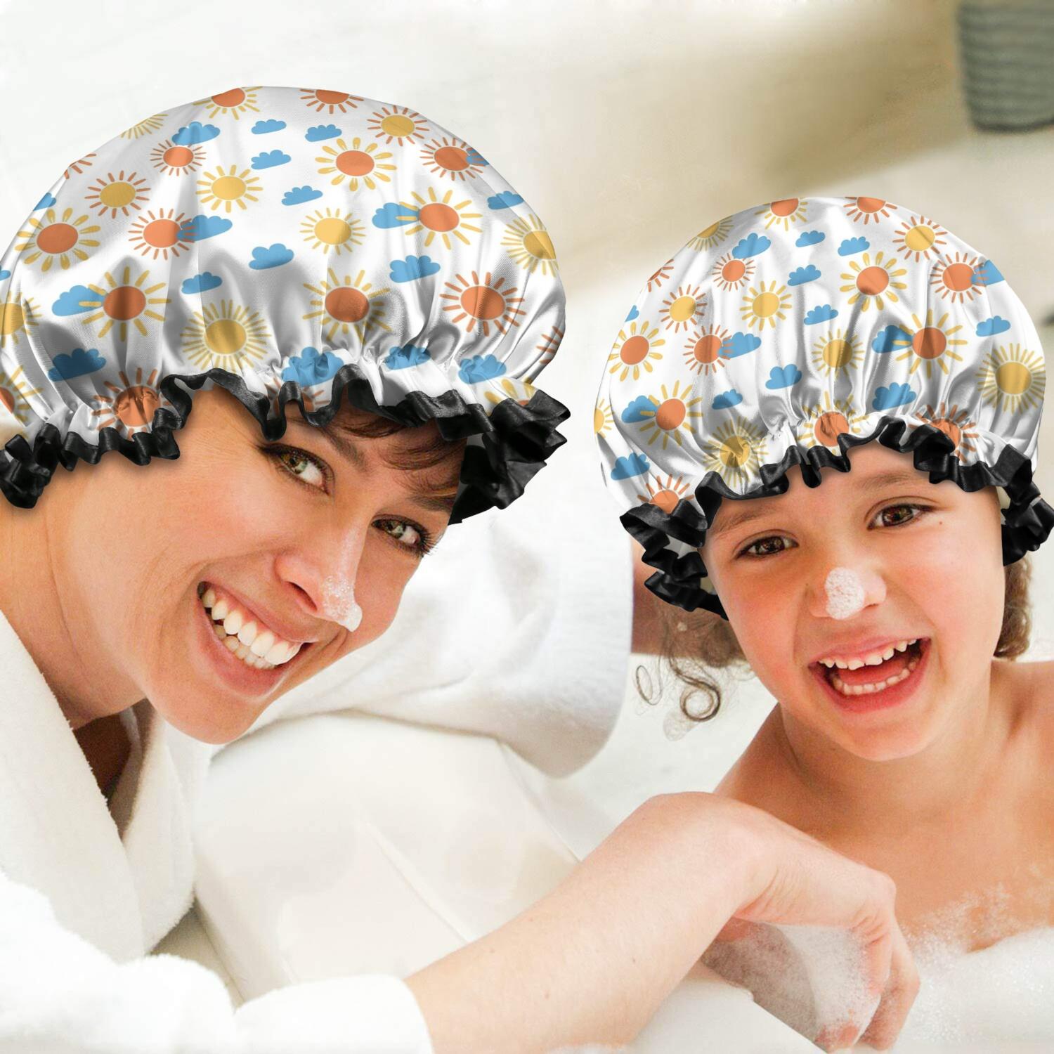 Shower Caps,White Sun Cloud Pattern Waterproof Shower Cap for Women 4 Pieces,Double Reusable Hair Cover for Shower PEVA Elastic Stretch Hem