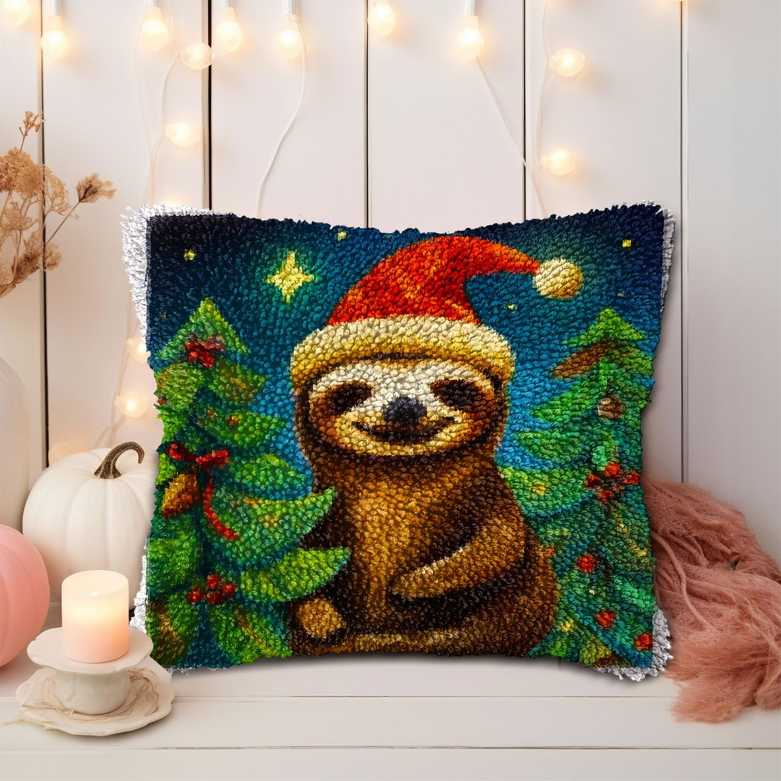 Merry Christmas Sloth and Trees DIY Latch Hook Pillow Kits for Adults Printed Pillowcase Crochet Yarns Hooking Handmade Pillow Cover Cushion for Home Sofa Decoration 17x17inch