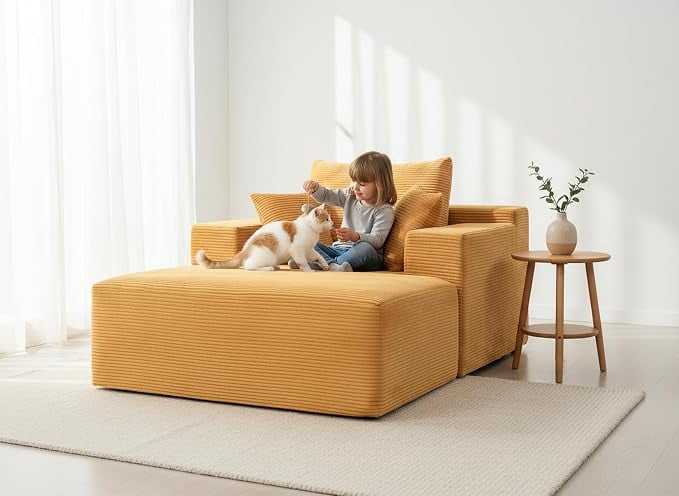 US Pride Chaise Lounge Chair Indoor – Oversized Corduroy Couch with Wide Armrest & Throw Pillows