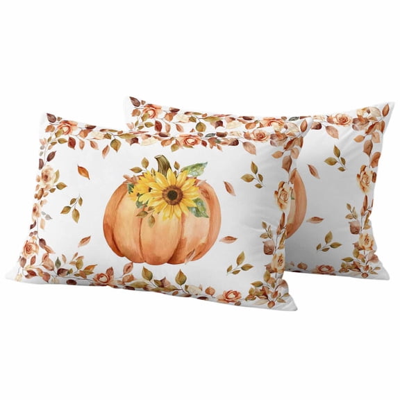 Fall Pumpkin Outdoor Waterproof Pillow Covers, Thanksgiving Eucalyptus Sunflower Rose Decorative Rectangle Throw Pillowcase Sofa Cushion Sham for Patio/Couch/Chair, 20"x12" 2 Pack