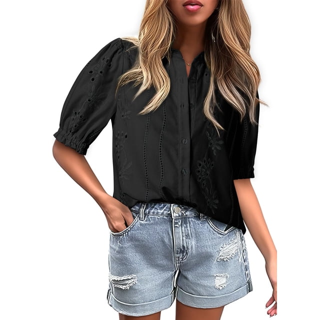 Camisa Dokotoo de manga corta con cuello en V para mujer, primavera y verano, negra
