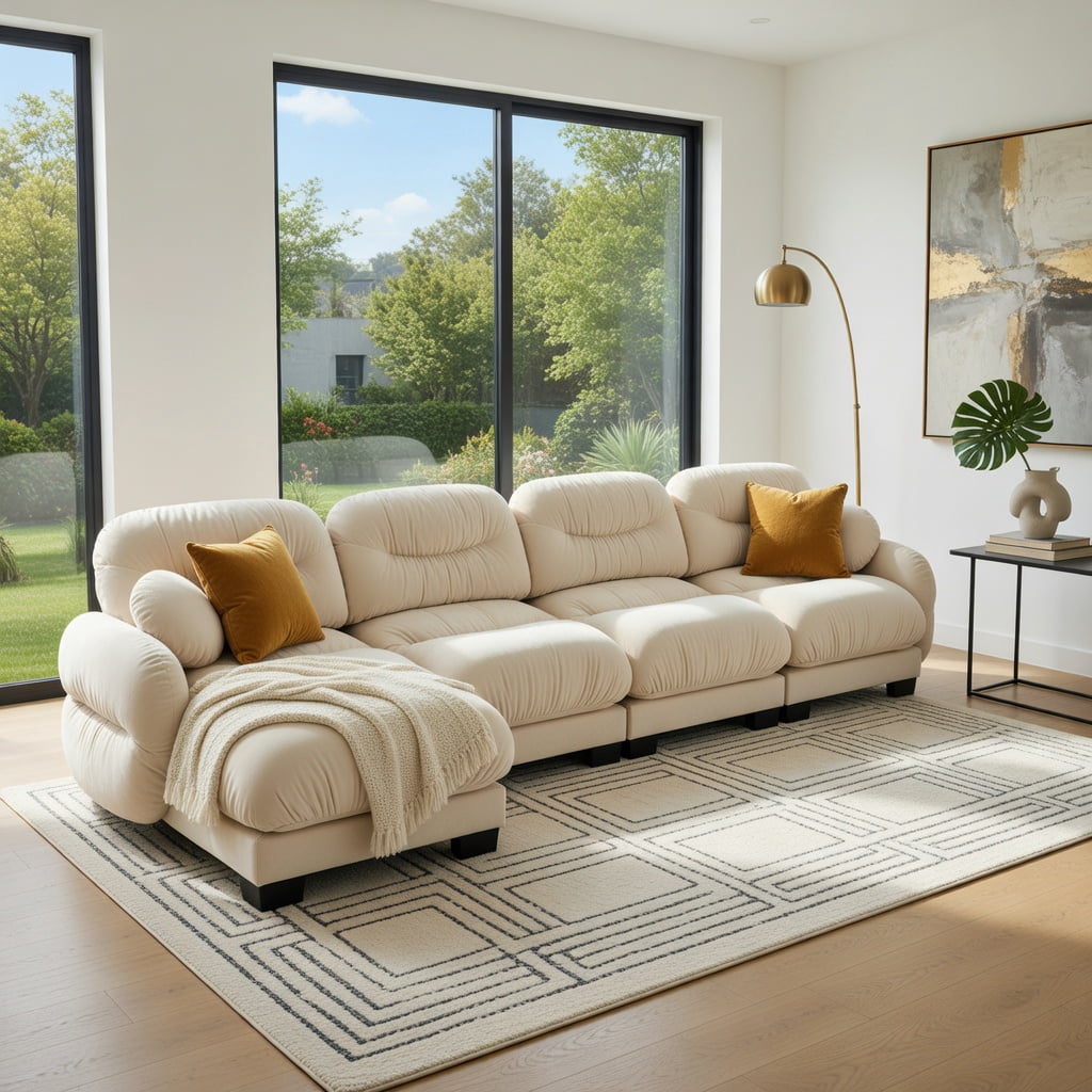 Hommoo Chenille 4-Seat L-Shaped Modular Sectional Sofa with Ottoman, Ergonomic High-Density Foam Cushions, Curved Armrests & 2 Round Throw Pillows, Pleated Back Design, Beige