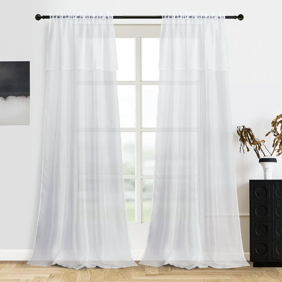 2 Panels Rod Pocket Sheer Curtains with Attached Valance - Filter Sunlight Maintain Privacy for Living Room or Patio Door