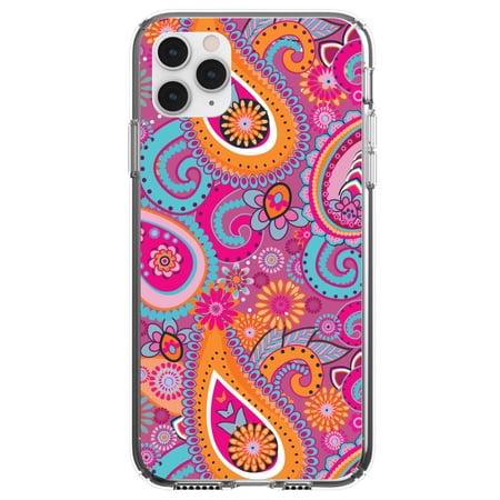 DistinctInk Clear Shockproof Hybrid Case for iPhone 11 Pro (5.8 Screen) - TPU Bumper Acrylic Back Tempered Glass Screen Protector - Pink Blue Orange Paisley