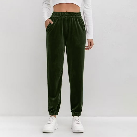 Velvet Pants for Women Elastic High Waist Pull on Straight Leg Casual Trousers with Pocket New Wide Leg Pants Women Casual Army Green L