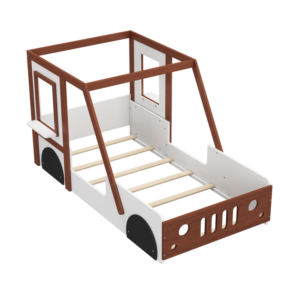 AUU Twin Size Car-Shaped Platform Bed, White and Orange Car Design with Fun Play Style