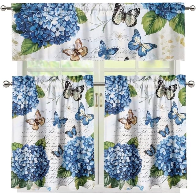 Butterfly Kitchen Curtains and Valances Set Hydrangea Floral Rod Pocket Window Treatment Kitchen Curtains Tier and Valances 3 Piece 36 Inch Kitchen Cafe Privacy Panel Farmhouse Kitchen Decor