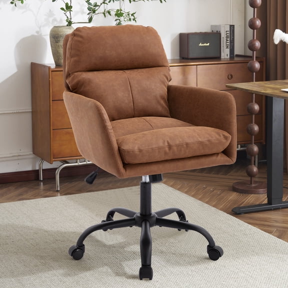 Leumius Office Chair with Black Base & Adjustable In Height,PU Leather Chair for Office Bedroom Dressing Table Brown