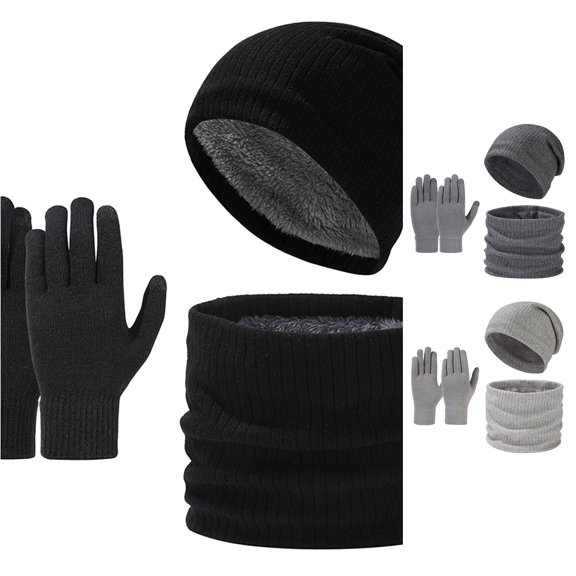Winter Outdoor Cold Proof Knitted Hat Scarf Three Piece Set with Velvet Ear for Men Women