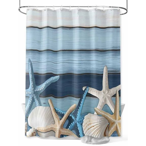 Vintage Coastal Shower Curtain, Wood Texture Starfish Shell Bathroom Decor Curtains Set with Hooks, Aqua Blue Ivory Waterproof Fabric Home Accessories， 72 X 78 Inch Long