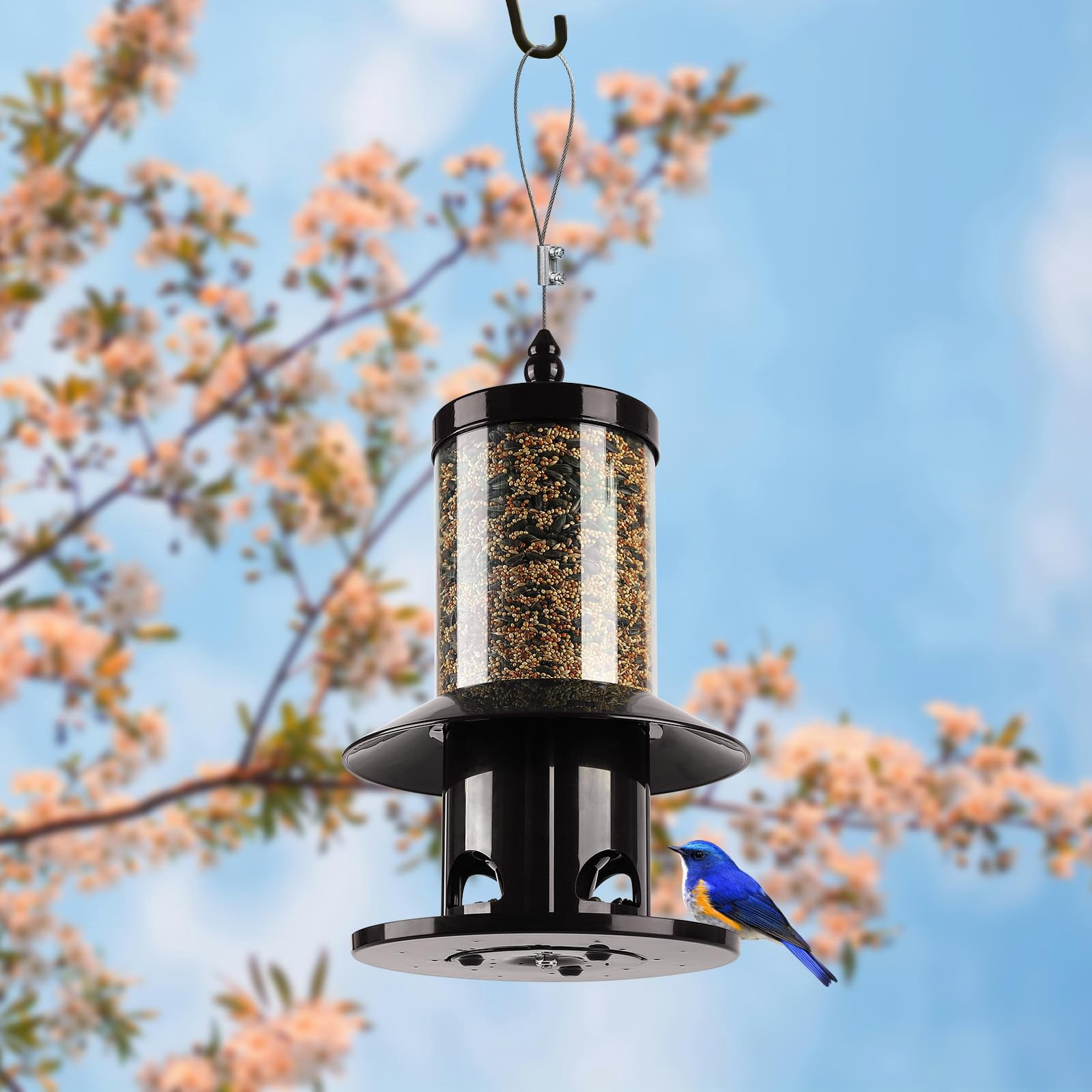 Squirrel Proof Bird Feeder - 360° Feeding Perch Tray for Outdoor Hanging Wild Bird Seeds, Dark Green.