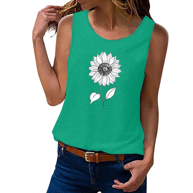 Gibobby Camiseta sin mangas de verano para mujer, camiseta sin mangas con gráfico de flores , camiseta informal para vacaciones(Verde,XG)