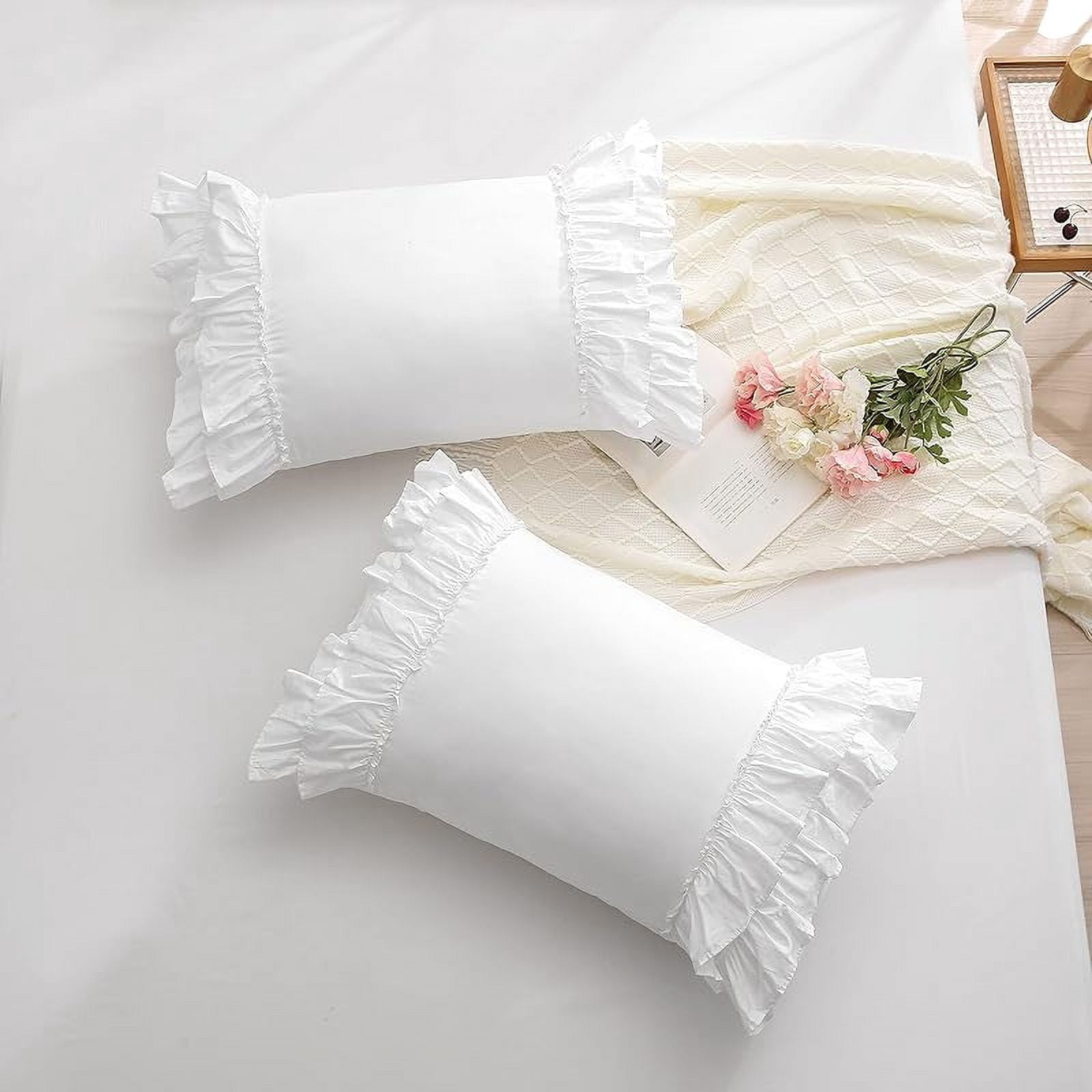 White Ruffled Pillow Shams Standard Twin Size Pillowcases Pure Cotton Pillow Covers 20"x26" 2-Pack