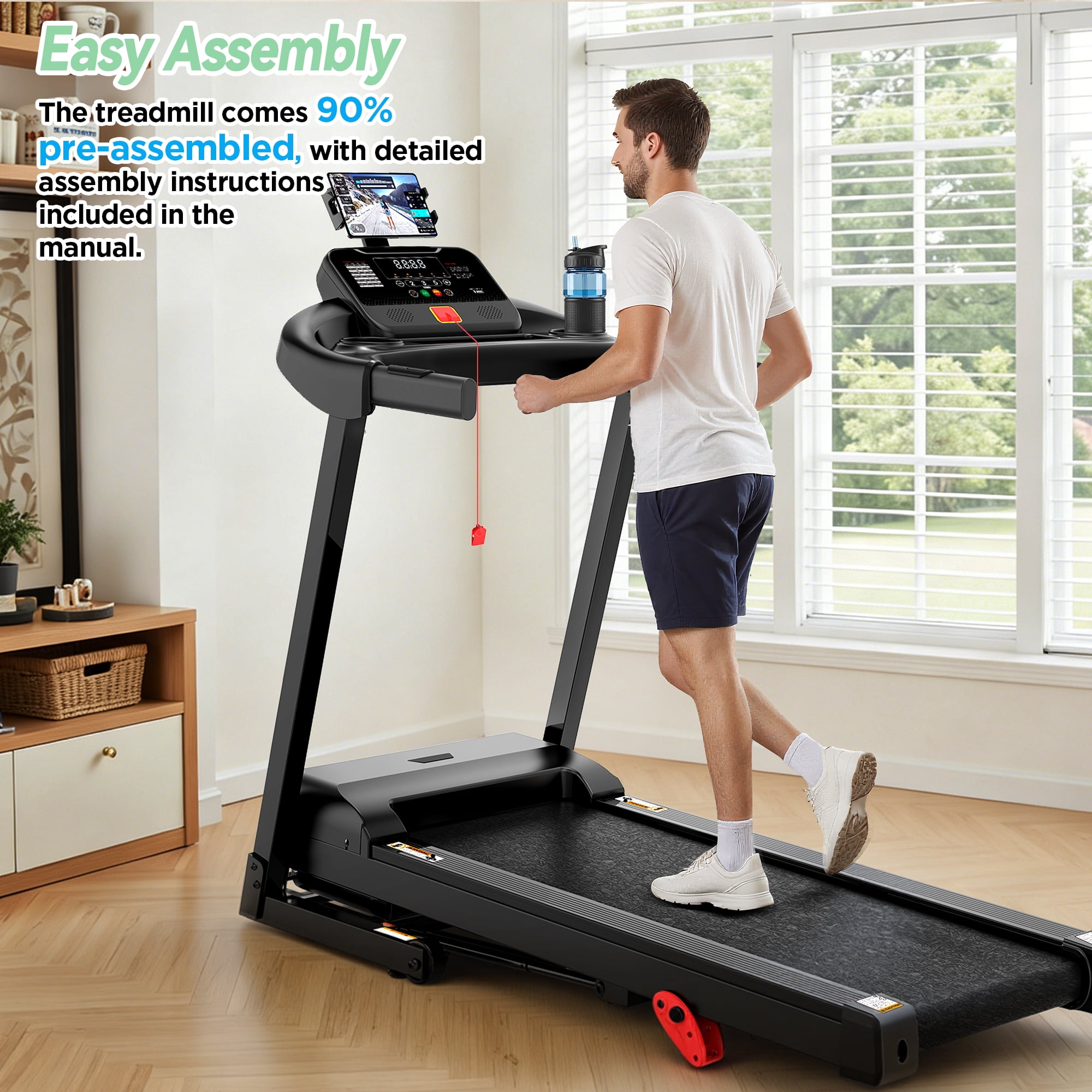 Treadmill for Home with 3-Level 9% Incline, Foldable Treadmill for Home Small Office, Compact Portable Running Treadmill with Handle,Digital LCD Display, APP Control, 300 lbs Capacity