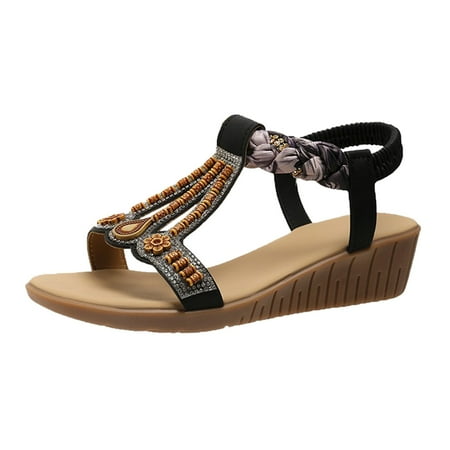 

PEASKJP Womens Dress Sandals Womens Flat Sandals Summer Bohemian Beach Flats Elastic Ankle Strap Comfortable T-Strap Thong Flip Flops (Black 9)