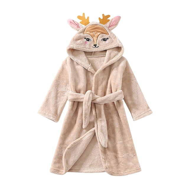 Kids Hooded Bathrobe, Toddler Robe with Belt for Boys and Girls, Soft Flannel Fleece Robe, Long Sleeve Bath Robe with Pockets for Children