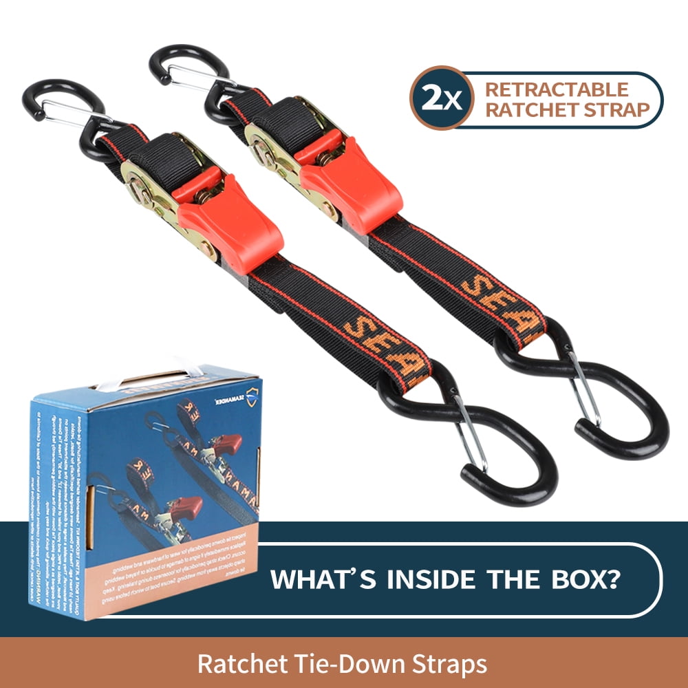 "Seamander Retractable Quick Release Transom Ratchet Tie Down Straps for Boat, Jetski & PWC Trailer, 1"" x 2.5’ Heavy Duty"