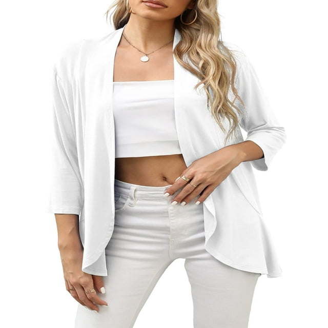 Women Button-Free Cardigan 3/4 Sleeve Ruffled Hem Tops Casual Thin Outwear