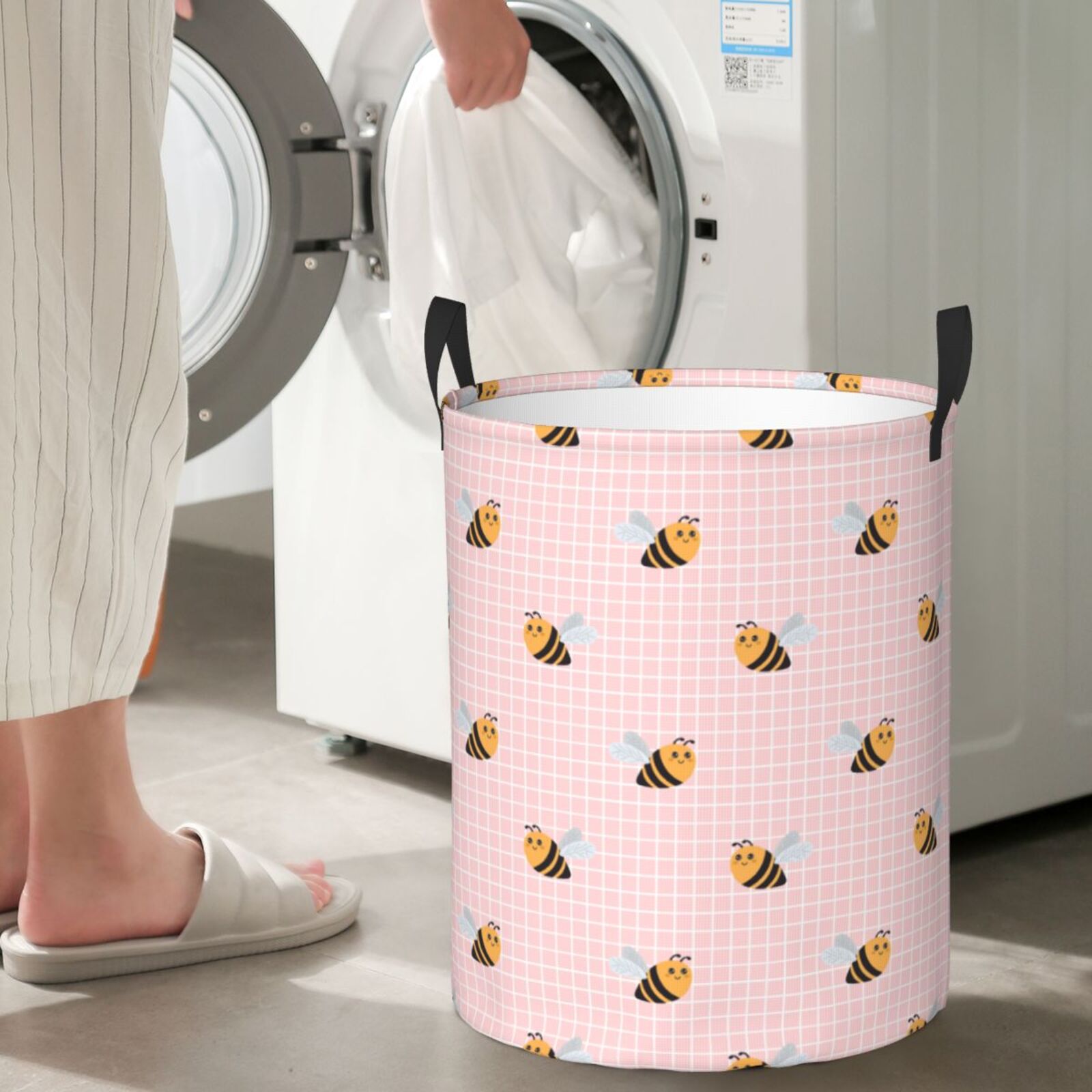 Large Laundry Basket with Handles - bee pink checkered cute Kids Baby Dirty Clothes Laundry Hamper for Bedroom Aesthetic
