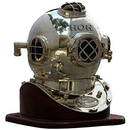 Vintage Full Size U.S Navy Mark V Diving Divers Helmet W/Base Silver 18"