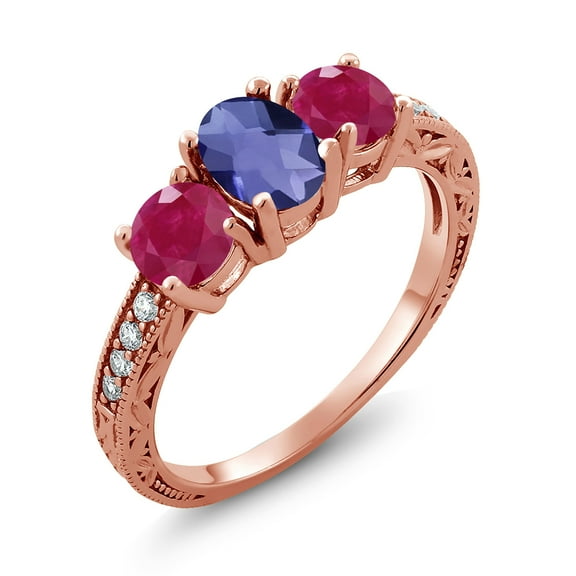 Gem Stone King 1.87 Ct Oval Checkerboard Blue Iolite Red Ruby 18K Rose Gold Plated Silver Moissanite Ring (Size 7)