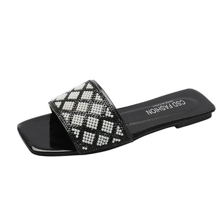 

Women s Fashion Pearl Diamond Plaid Sandals Summer Flat Heel Slippers Casual Shoes