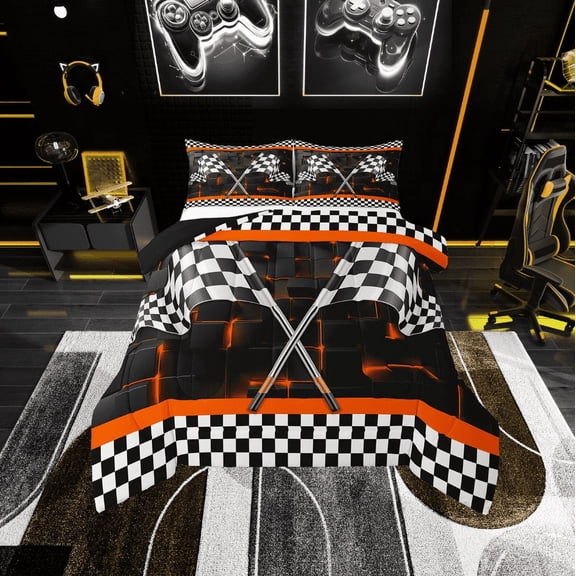 Erosebridal Checkered Flag Bedding Sets Twin with Comforter, Neon Square Duvet Insert, Sports Car Decor, Breathable 2-Piece