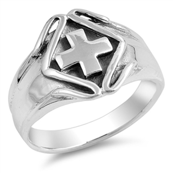 Greek Cross Oxidized Safety Wholesale Ring .925 Sterling Silver Band Jewelry Female Male Size 7