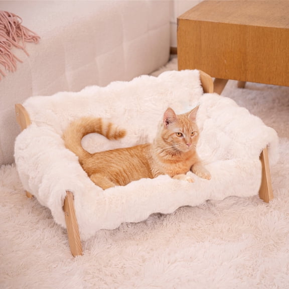 CheerPals Elevated Cat Bed with Wooden Frame, Detachable Washable Fluffy Pet Sofa Lounger for Indoor Cats & Small Dogs up to 40lbs, White