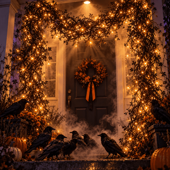 Halloween Garland, 5.9FT LED Battery Operated Artificial Vine for Door, Window and Fireplace, Gothic Halloween Home Decor, Design A, Black