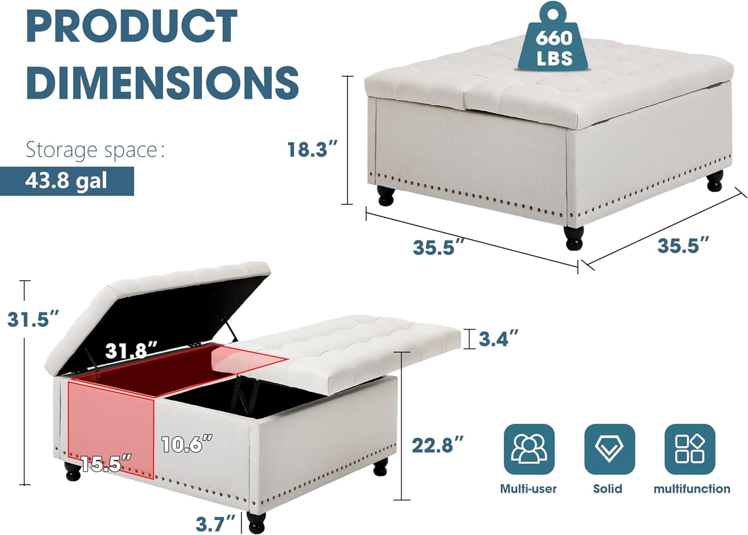 Haverchair 35.5" Large Storage Ottoman Coffee Table, Square Ottoman Bench with Storage, Lift Top Oversized Storage Ottomans, Tufted Upholstered Coffee Tables for Living Room, Bedroom (Beige)