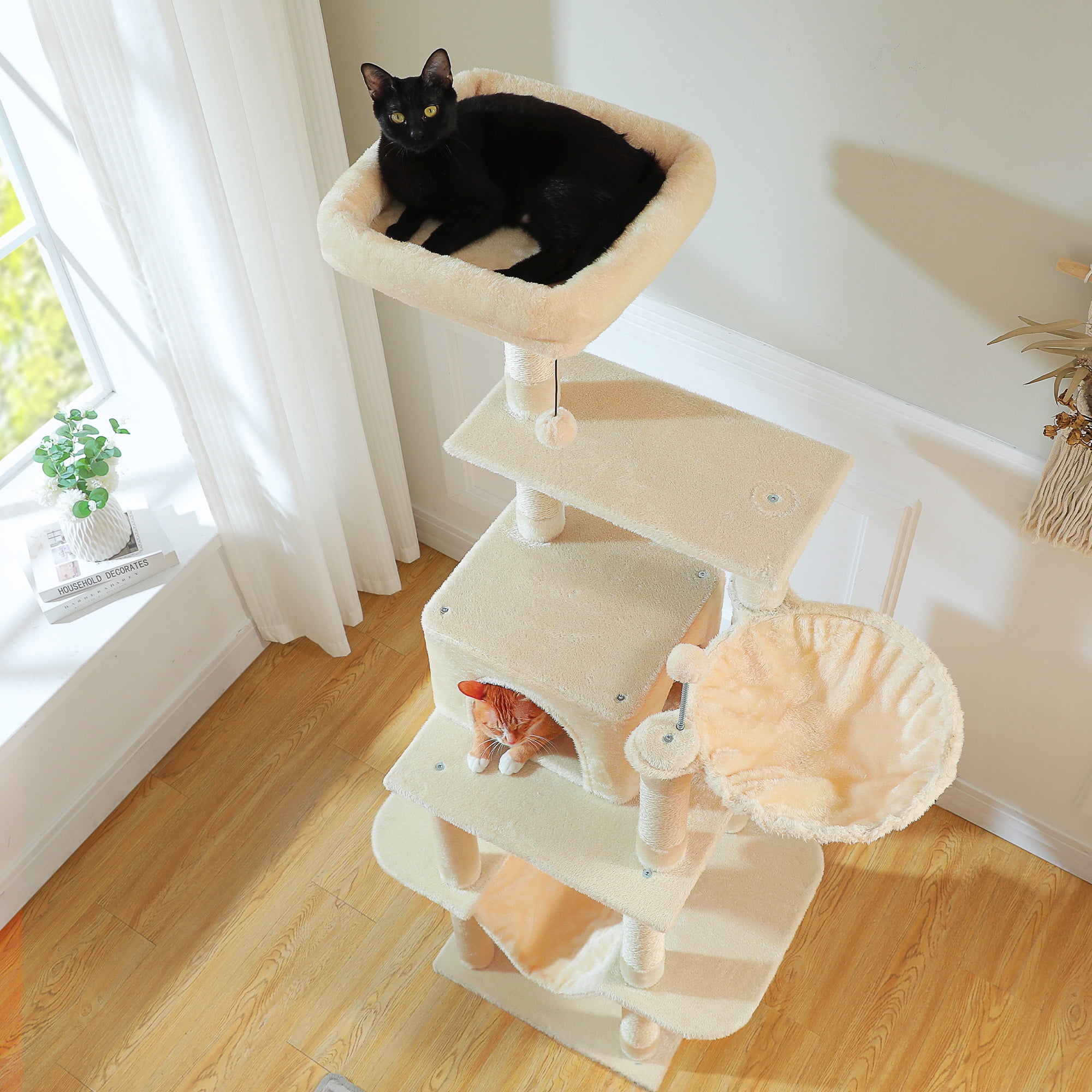 PAWZ Road 64" Cat Tree with Multi-Level Scratching Post Tower Large Hammock for Indoor Kittens Cats, Beige