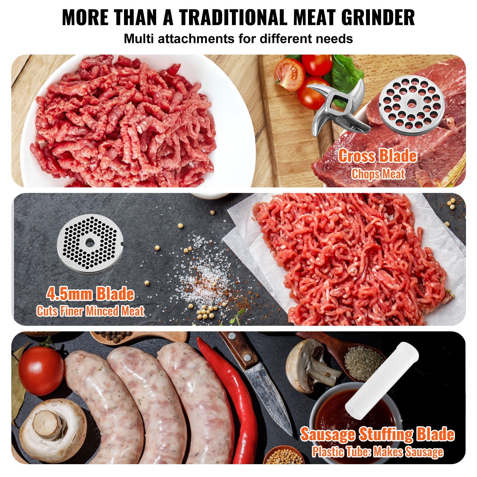 VEVOR Meat Grinder, 13 Lbs/Min Capacity Electric Meat Grinders with Blade, Grinding Plate, Sausage Maker, Stainless Steel Commercial Meat Mincer for Kitchen Restaurant Butcher Store