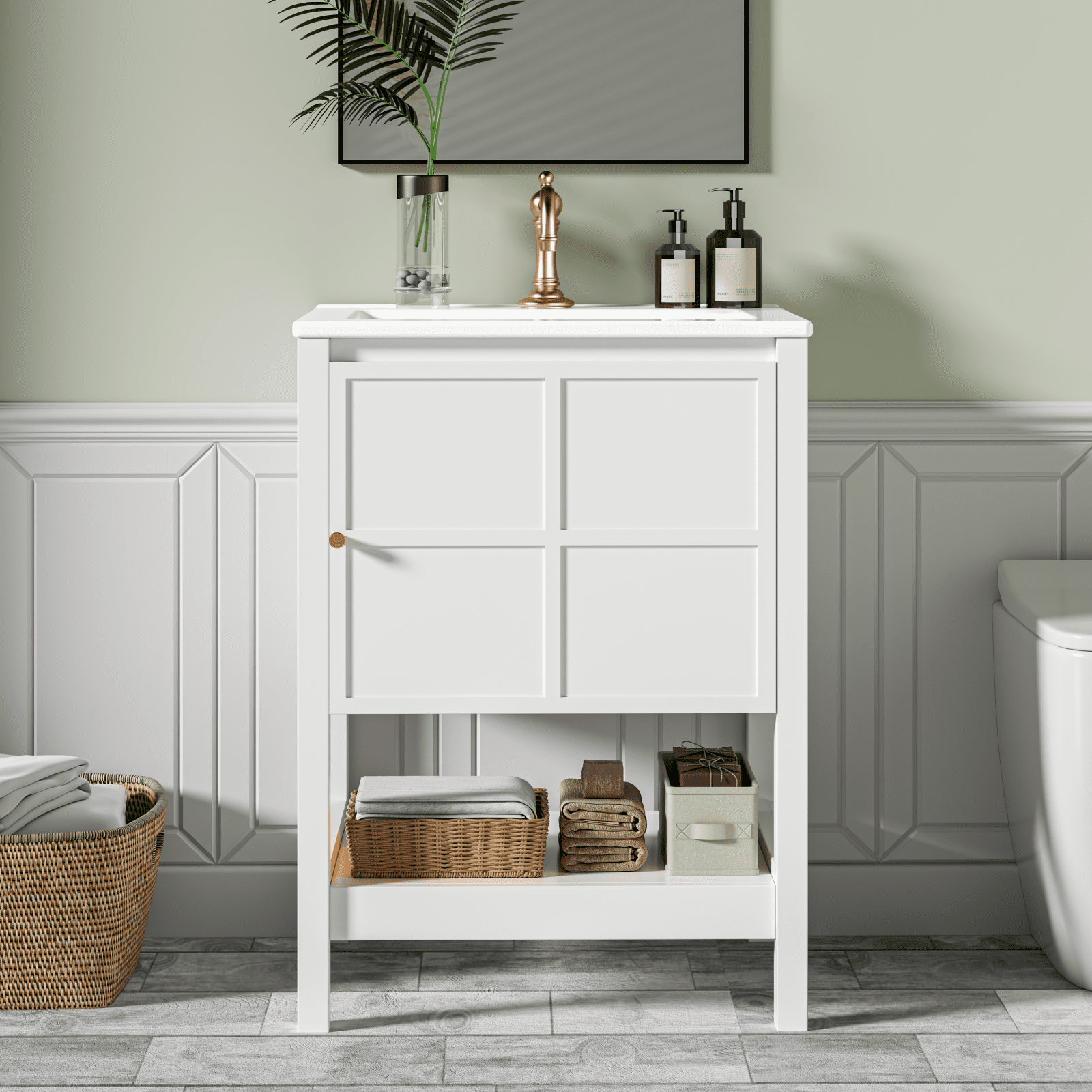 EVOKEDEN 24" Bathroom Vanity with Sink, Small Farmhouse Freestanding Bathroom Cabinet Combo Set, Soft Closing Door and Open Storage Shelf, White
