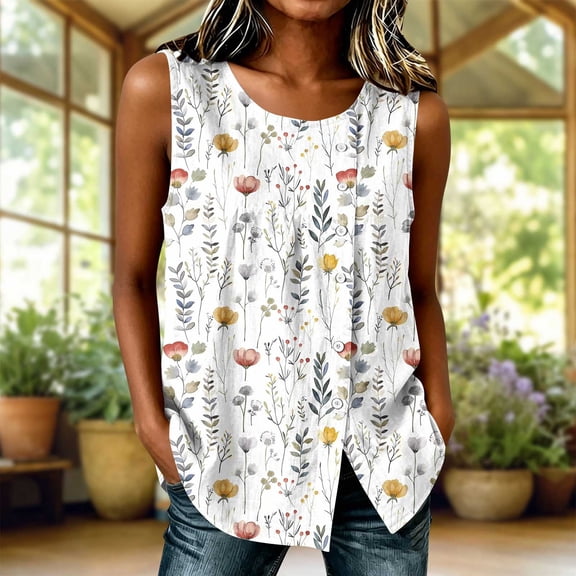 ClodeEU Women's Floral Print Sleeveless Tank Top, Round Neck Casual Flowy Blouse a-Multicolor,Women's Plus L